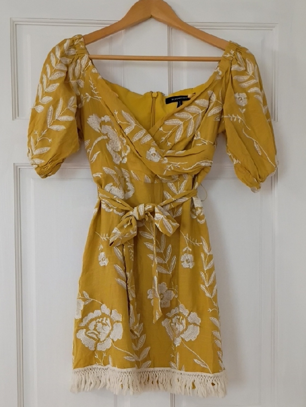 BCBG Mustard Yellow Floral Wrap Dress with Embroidery And Tassel Hem